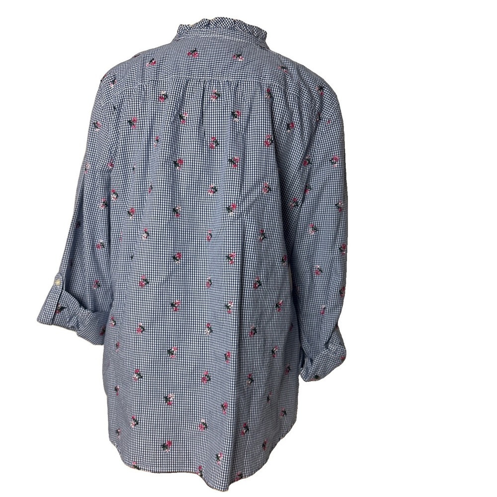 Talbots Shirt Womens L Blue Gingham Embroidered Floral Long Sleeve roll tab Top - Picture 5 of 9